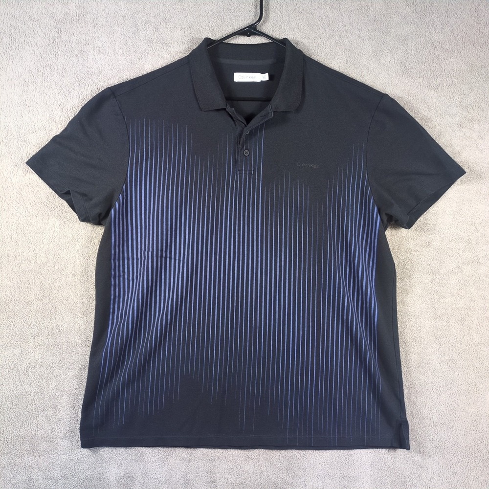 Calvin Klein Polo Shirt Mens XL Black Blue Striped Logo Golf Performance Comfort